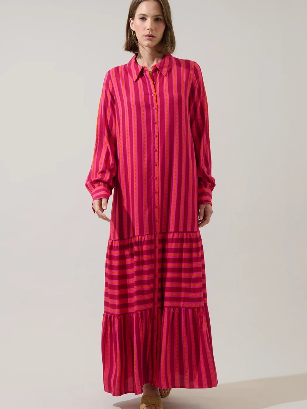 Sugarlips Striped Button-Front Maxi Dress in Fuchsia and Pink